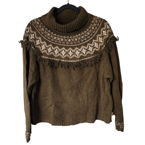 Route 66 Sweaters - Y2K Fair Isle Fringe Turtleneck Sweater - Olive Green - XL Route 66